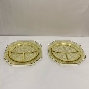 SET OF 2 VINTAGE DEPRESSION GLASS MADRID DIVIDED DINNER PLATES Gold colored